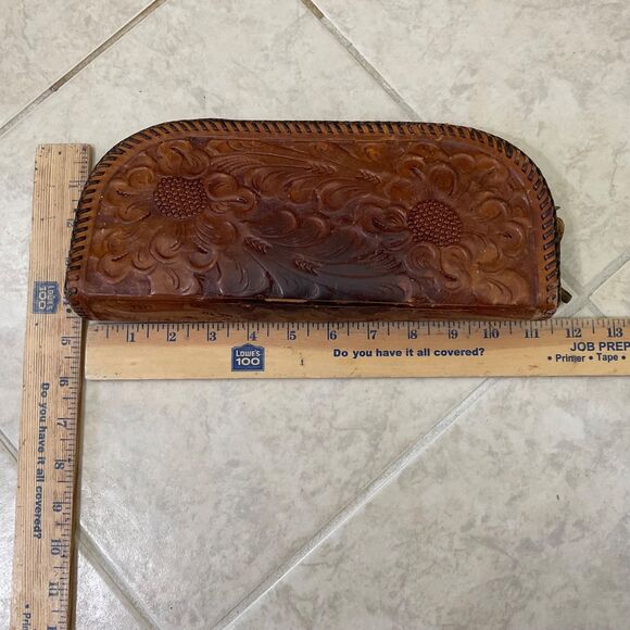 Vintage Tooled Leather Clutch Purse Bag Brown Western Rodeo Zip around  patina * - Picture 10 of 13
